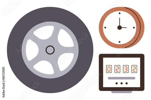 Wheel, clock, and odometer highlighting movement, time, and progress. Ideal for transportation, measurement, efficiency punctuality precision innovation and dynamics. Simple flat metaphor
