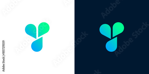 Abstract fluid droplet letter Y logo design, modern clean minimalist symbol, gradient blue and green colors on white and dark backgrounds