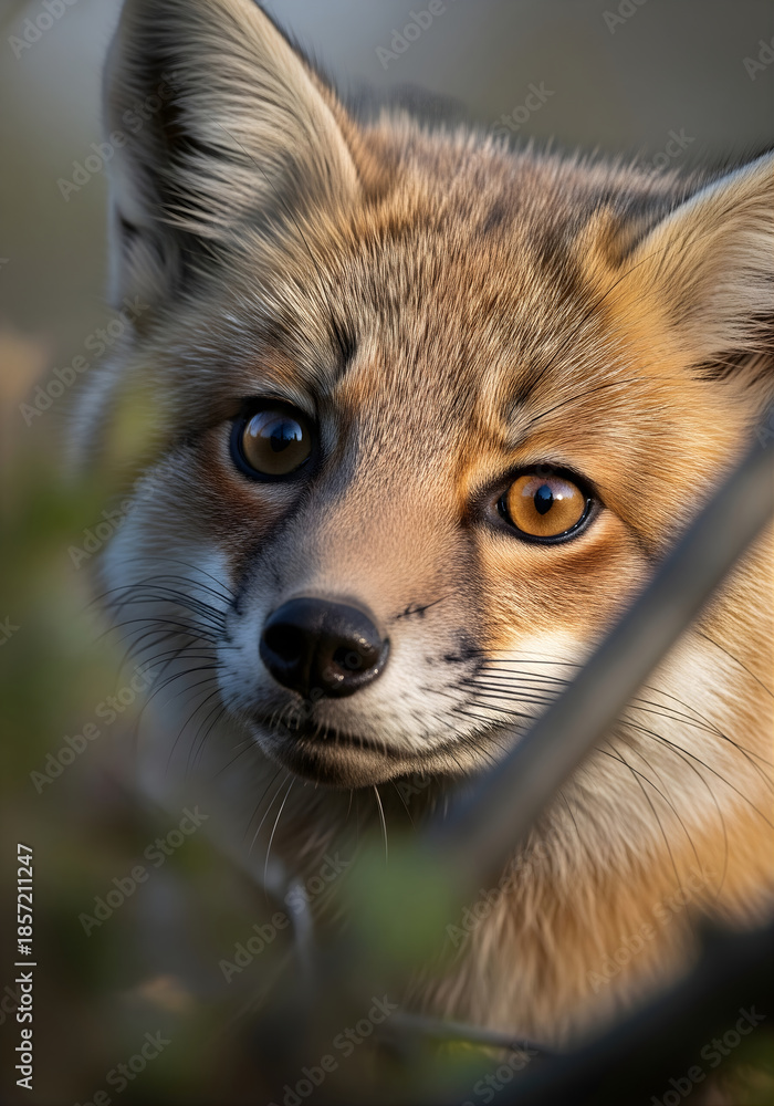 Obraz premium Close-up of wild animals curiously observing their surroundings, natural behavior, realistic fur texture, RGB color profile, neutral background, candid wildlife photography, sharp focus, fox
