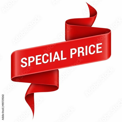 Red ribbon with special price label curled up on white background