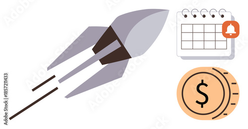 Rocket soaring next to a calendar and coin, symbolizing business growth, scheduling, financial planning, time management, investment, productivity, success, simple flat metaphor