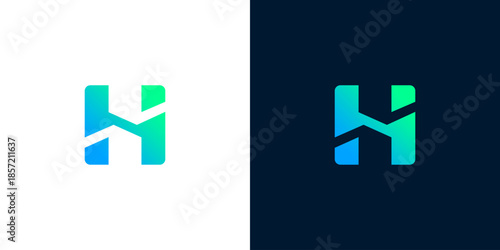 Abstract letter H logo design in blue and green gradient on white and dark backgrounds
