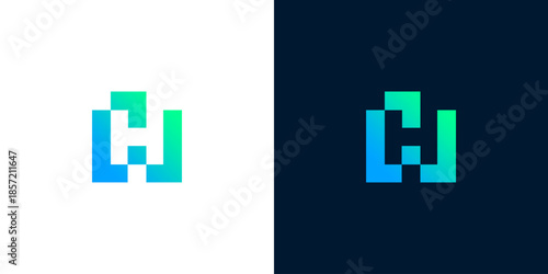 Vibrant pixelated H/W letter logo with blue-green gradient. Modern abstract geometric block icon for digital innovation, technology, and connectivity branding