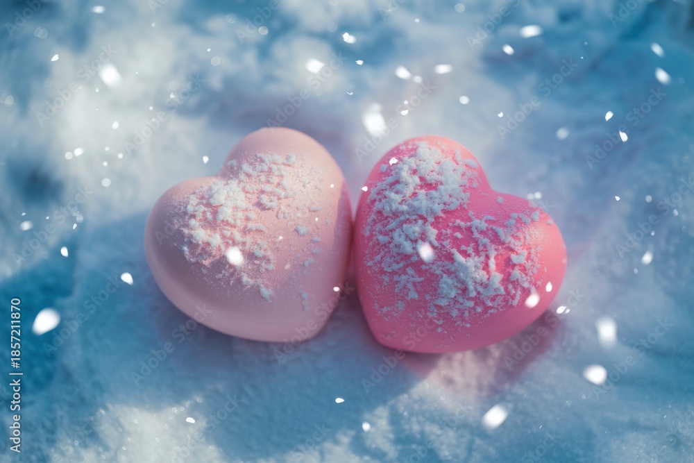 Obraz premium Two pink heart shapes dusted with white powder in snow pink hearts winter