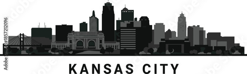 Kansas City skyline vector silhouette, Union Station foreground, Kauffman Center landmark, minimalist monochrome cityscape, downtown architecture, urban skyline poster print ready