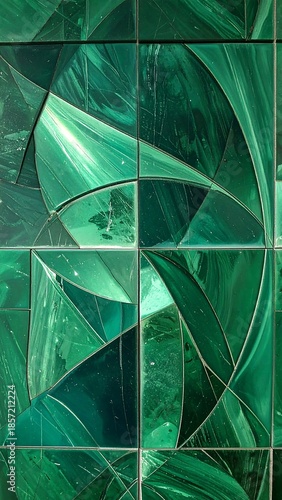 Green geometric pattern of tiles; abstract shapes create a mosaic wall texture