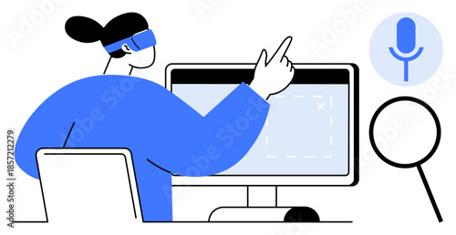 Voice technology, AI assistants, digital searches, online communication, smart solutions, tech-driven innovation. Person pointing to a screen with a microphone icon. Voice technology and AI assistant