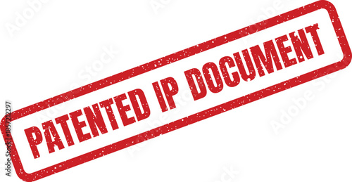 Red textured rubber stamp diagonally positioned, stating PATENTED IP DOCUMENT for intellectual property validation