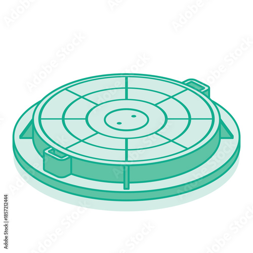 Isometric outline round manhole cover. Illustration of urban infrastructure element. Object isolated on white background.