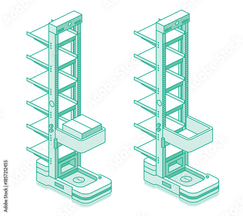 Isometric autonomous vertical warehouse robot ACR or CTU for storage and retrieval system. Smart warehouse automation and AI logistics. Illustration. Outline style. Objects isolated on white.