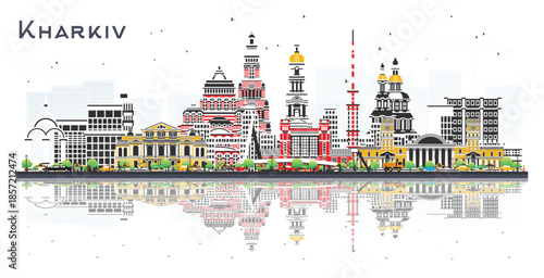 Kharkiv Ukraine City Skyline with Color Buildings and reflections isolated on white. Illustration. Kharkiv Cityscape with Landmarks. Business Travel and Tourism Concept with Historic Architecture.