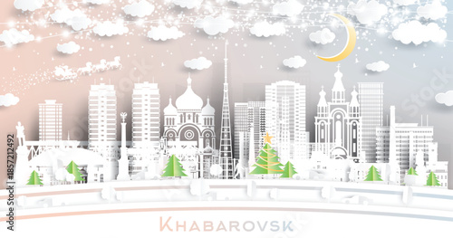 Khabarovsk. Russia. Winter city skyline in paper cut style with snowflakes, moon and neon garland. Christmas and new year. Santa Claus on sleigh. Khabarovsk cityscape with landmarks.