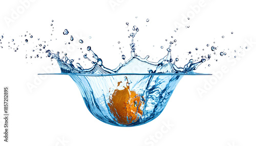 Orange submerged in water creating a dynamic splash with droplets