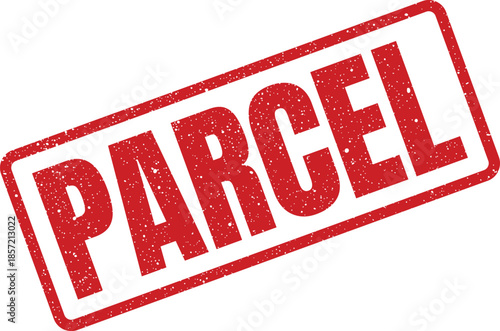 Textured rectangular rubber stamp impression displaying the word PARCEL for shipping and delivery services