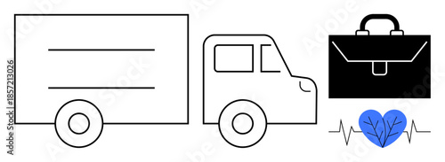 Logistics, healthcare, transportation, business solutions, medical transport, supply chain. Outline of a truck, briefcase and a heart with a heartbeat line. Logistics and healthcare