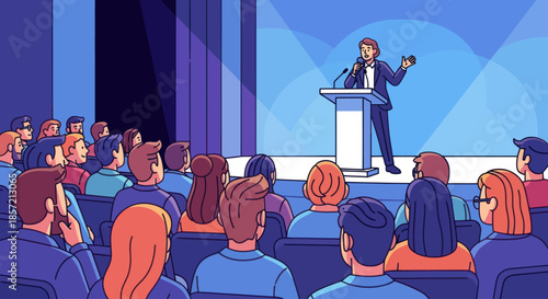 Speaker addresses an audience from a podium on stage.