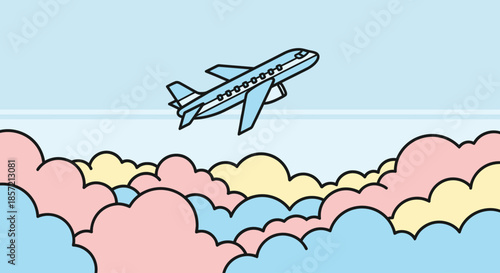 A cheerful airplane soars above colorful clouds.