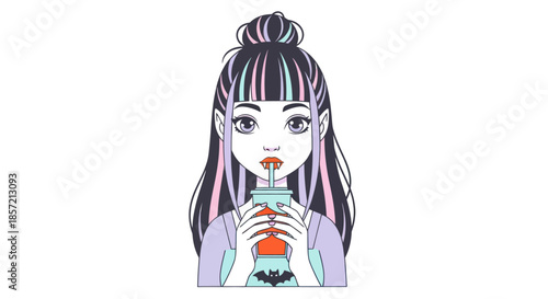 Gothic girl drinking from a cup with fangs and colorful hair.