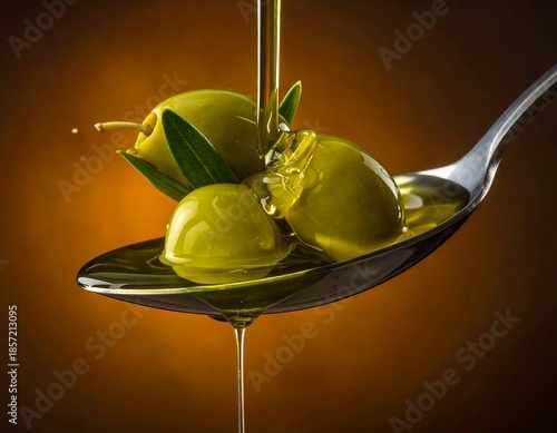 Green olives on a spoon with oil being poured over them, against a brown gradient background