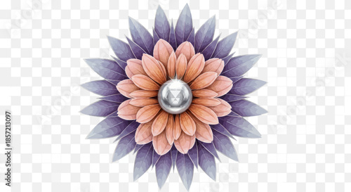 Abstract ornamental flower with silver sphere in the center.