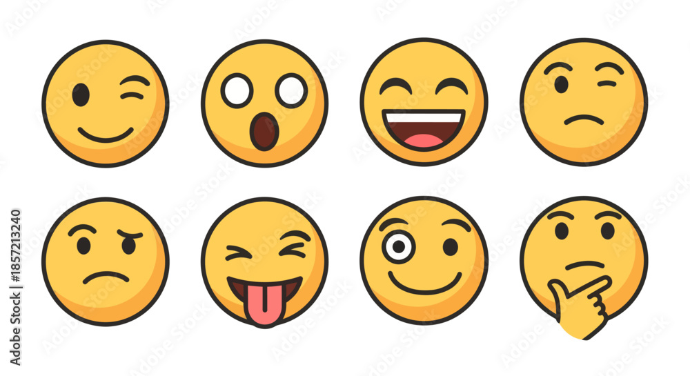 Fototapeta premium Collection of diverse facial expression emojis on a white background.