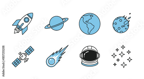 Cute blue space and astronomy icons set with planets, rockets, and stars.