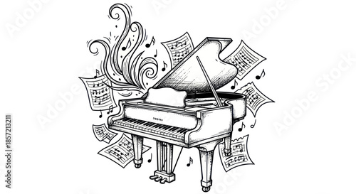 Elegant Grand Piano with Flowing Musical Notes Sketch