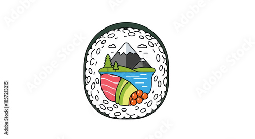 Creative sushi roll with a picturesque landscape inside.