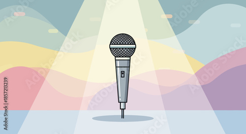 Microphone under spotlight on stage with colorful abstract background