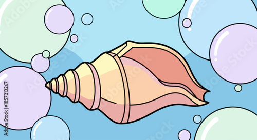 Conch Shell with Bubbles in Pastel Colors Vector Illustration