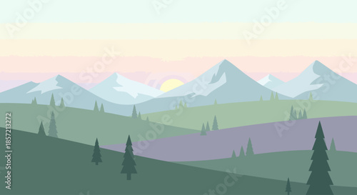 A serene mountain landscape with a rising sun in flat design style.