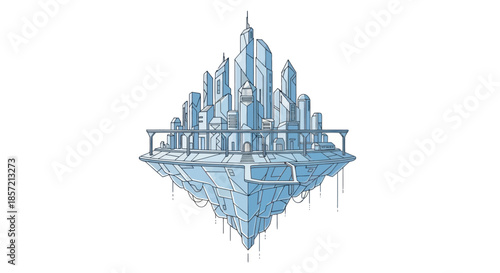 Futuristic Floating City Illustration Isolated on White