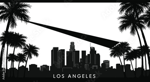Los Angeles skyline silhouette, US Bank Tower dominant center, palm trees in foreground, sweeping spotlight beam, black and white vector cityscape poster