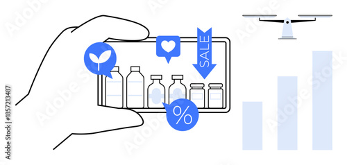 E-commerce concept. E-commerce growth through a smartphone displaying products, a quadcopter for fast delivery, and sales icons indicating discounts. For retail, logistics, technology, marketing
