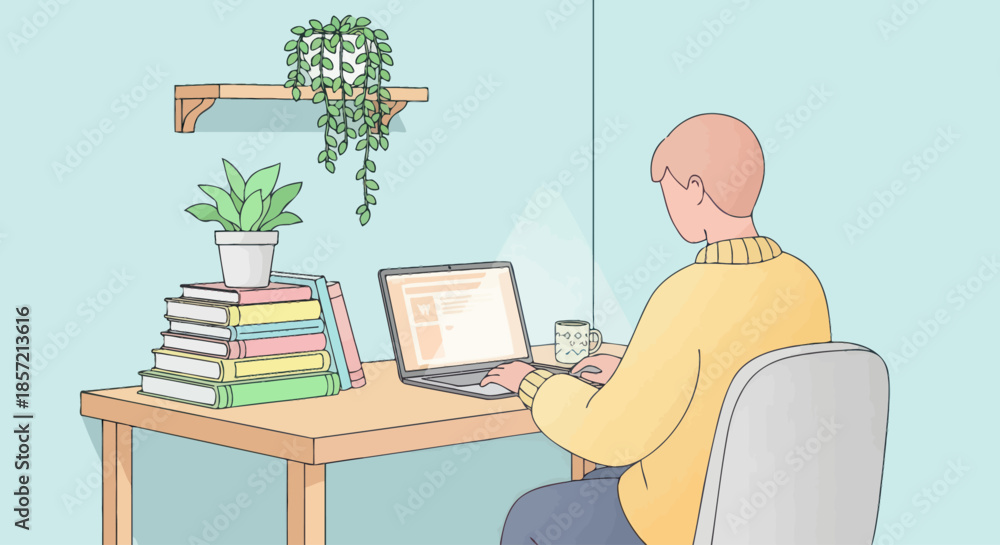 Fototapeta premium Person working on a laptop at a desk with books and a plant.