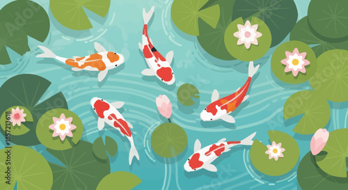 Koi fish swimming in a tranquil pond with lily pads.