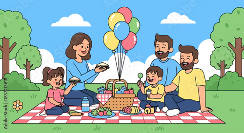 Happy family enjoying a picnic in the park with food and balloons.