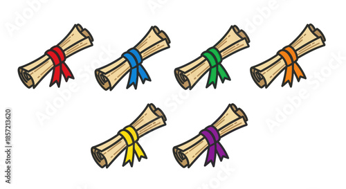 Collection of colorful rolled paper diplomas with ribbons