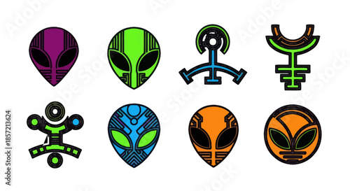 Collection of colorful alien head and sci-fi symbols