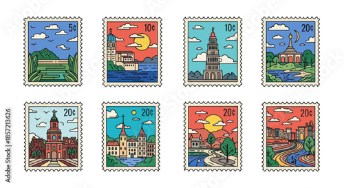 Collection of diverse vintage postage stamps featuring landscapes and cityscapes.