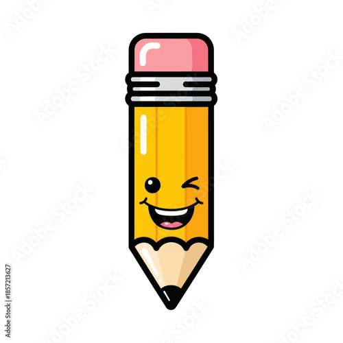 Smiling cartoon pencil winks with a happy expression