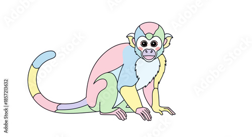 Cute cartoon monkey with colorful patches sitting against a white background.