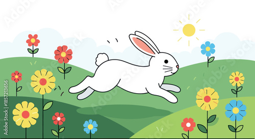 A white rabbit runs through a sunny meadow filled with colorful flowers.