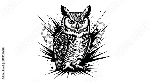 Stylized black and white owl illustration on a white background.
