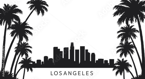 Los Angeles skyline vector silhouette, downtown cityscape with palm trees, U.S. Bank Tower outline, high contrast black and white artwork