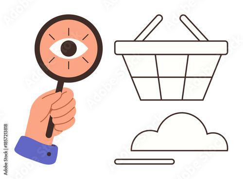 Hand holding magnifying glass with eye focused on shopping basket and cloud. Ideal for analysis, research, e-commerce, consumer behavior, cloud storage, decision-making, online shopping. Simple flat