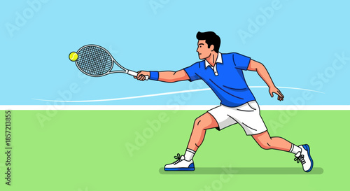 Male tennis player hitting a forehand on a sunny court