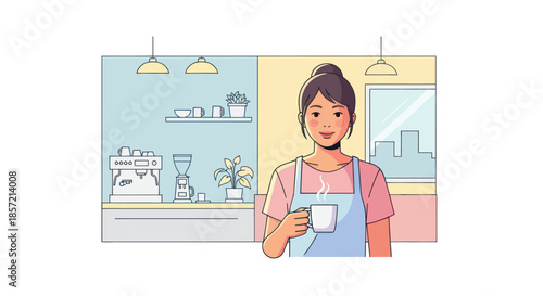 Barista holding a cup of coffee in a coffee shop.