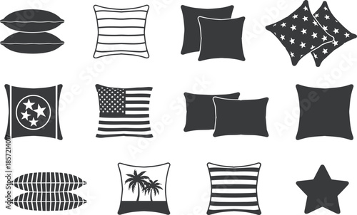 Silhouettes of dog tags, collars, charms, paw prints, bones, hearts, and whistles illustrating pet identification accessories and canine care design