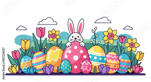 Cute bunny peeks from behind decorated Easter eggs in a spring garden.